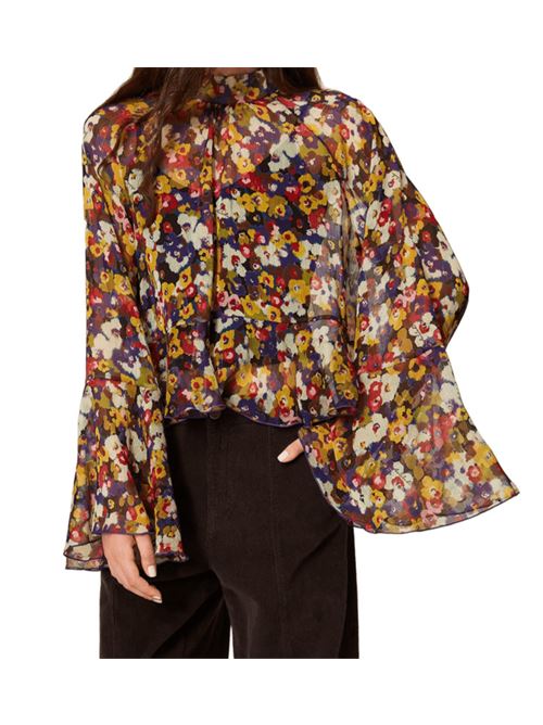 Blusa da donna in creppone riciclato, collo alto, stampa floreale all-over multicolor. TWINSET | 252AT207112886